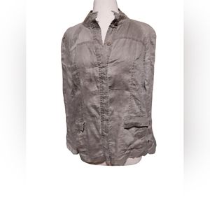 Eileen Fisher L Coat Jacket 100% Linen Grqy Grey Woman Long Sleeve Button down